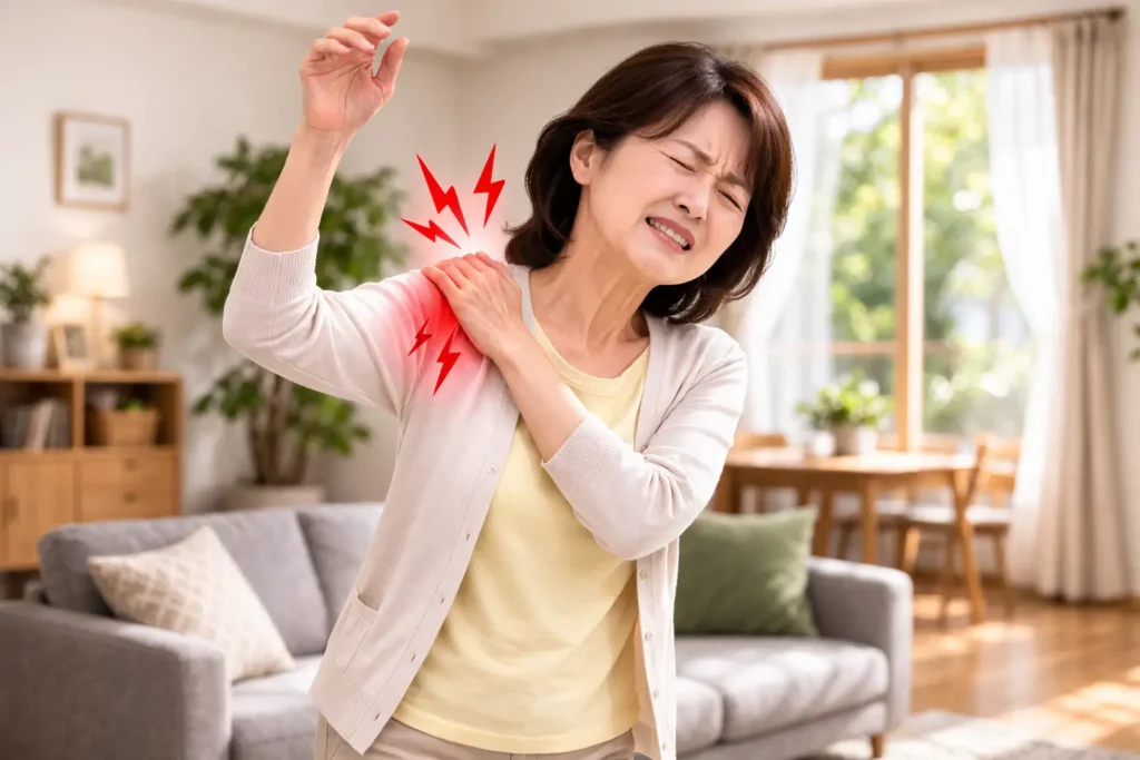 腕を上げようとして肩に痛みを感じている女性