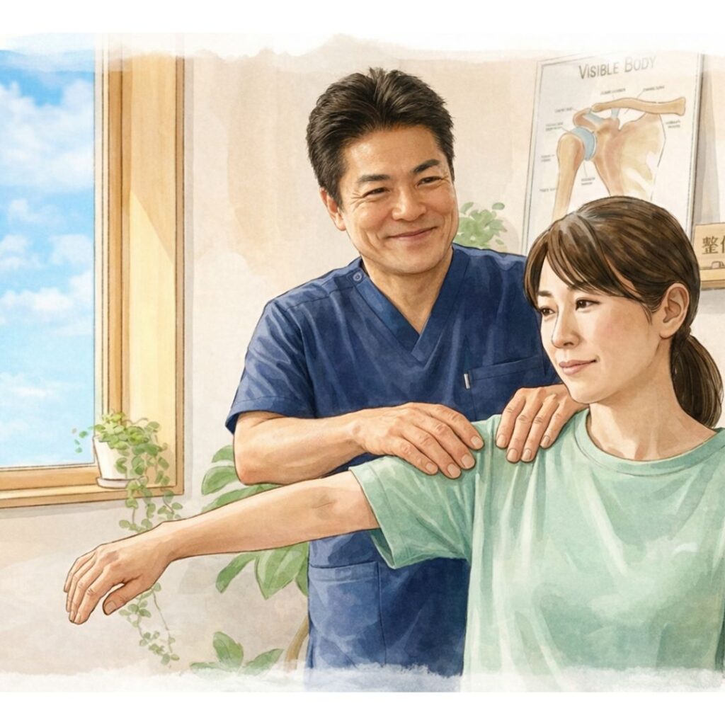 整体院Soraで肩の施術を受ける女性のイラスト