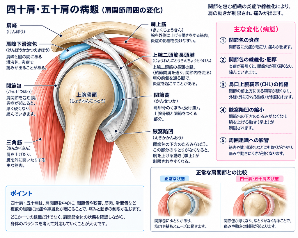 四十肩・五十肩でみられる肩関節周囲の変化を示した図